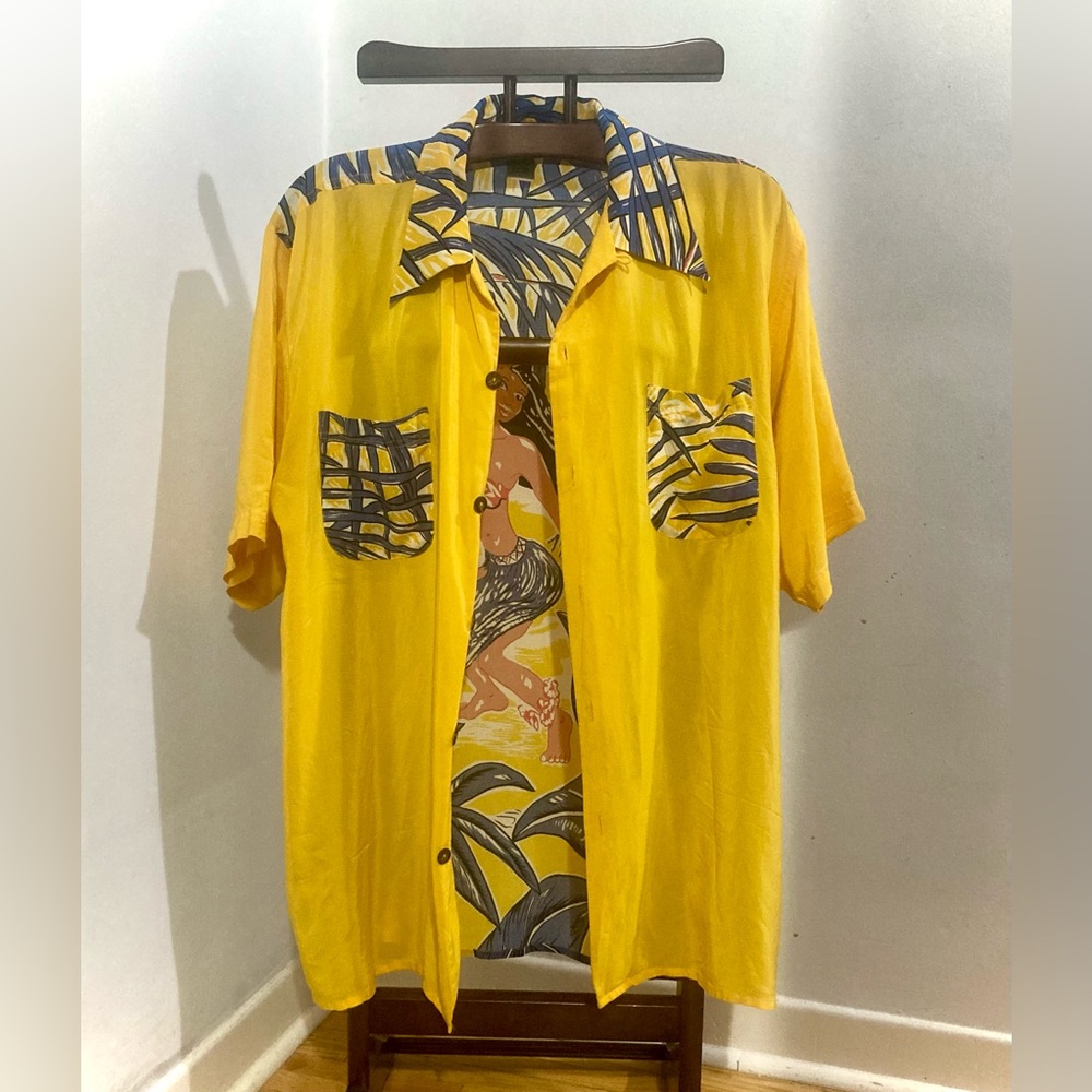 Rare Avanti Silk Back Panel Hawaiian Shirt - Yellow and Blue